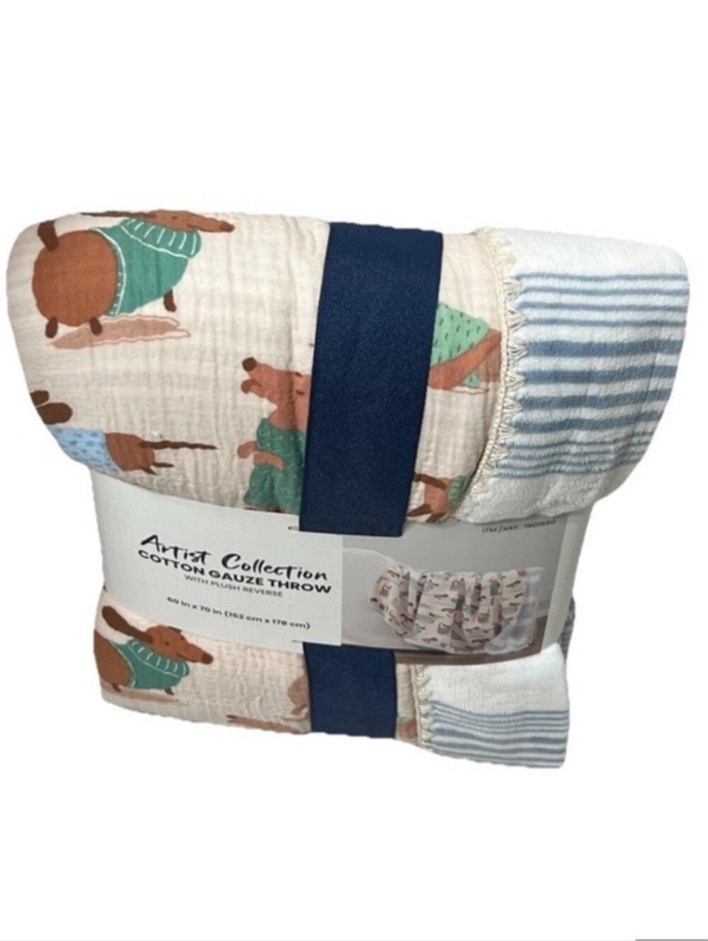 Cotton Gauze Throw Blanket - Blue, Cream Dachshund Print - Picture 5 of 7